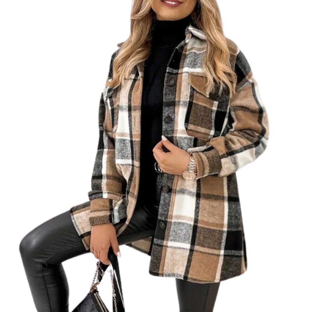 NWT Nine Britton Boyfriend Shacket Plaid Flannel Almond Brown Black SZ XL/XXL - Picture 3 of 16